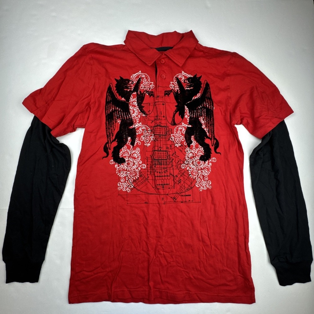 First‎ Wave Red Grunge Polo Shirt Youth 18/20 Fits Mens Small Y2K Cyber Griffin